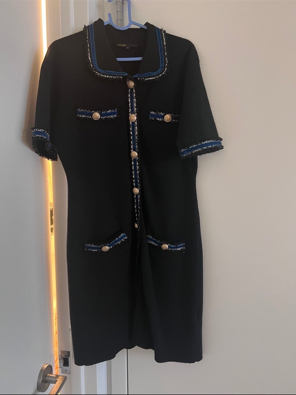 Maje Black Tweed-Trim Short Sleeve Dress with Blue Accents